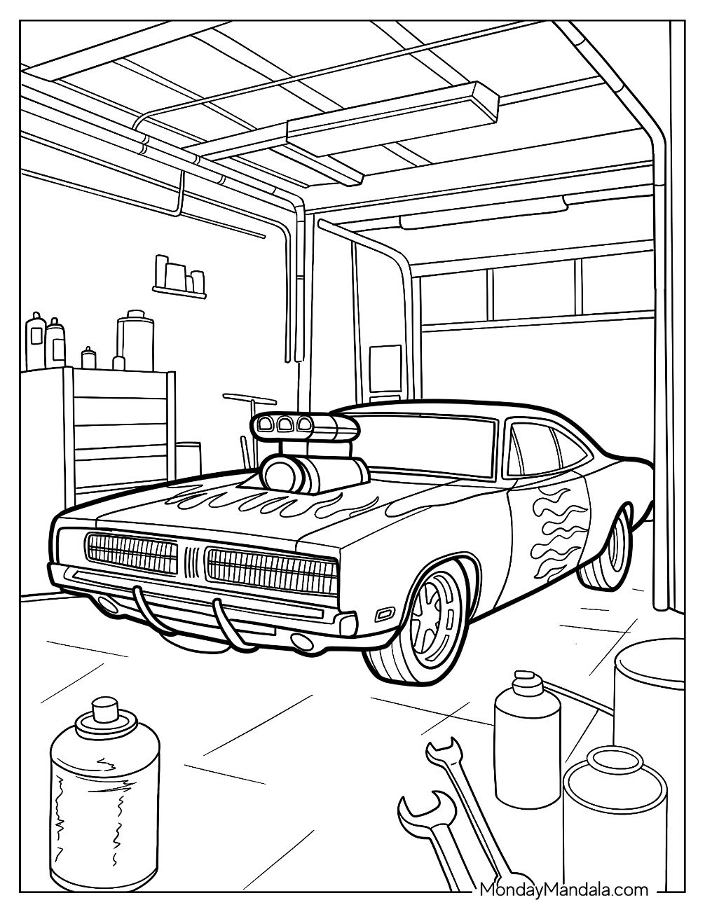 Dodge Charger Hot Rod Coloring Page with Supercharger in Garage