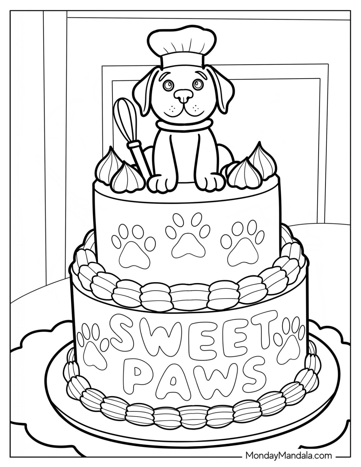 Dog Cake Coloring Page with Puppy Topper and Sweet Paws Text