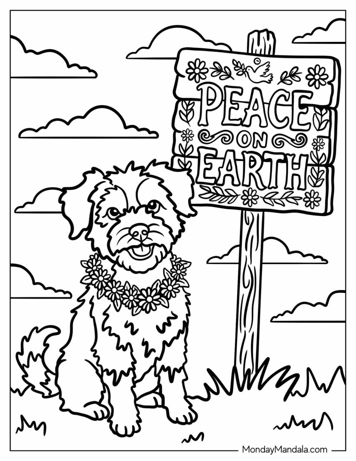 Dog Wearing a Flower Garland Beside a Peace on Earth Sign