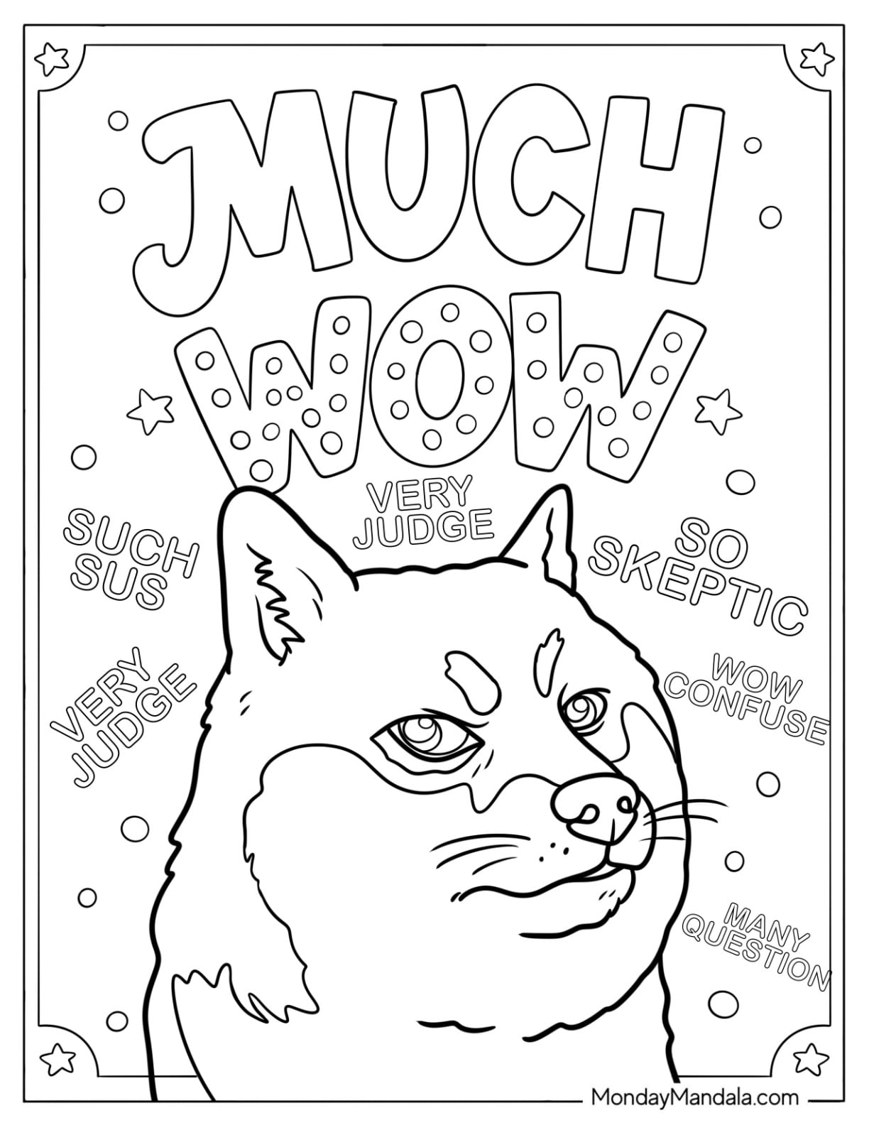 Doge Meme Saying Much Wow Coloring Page