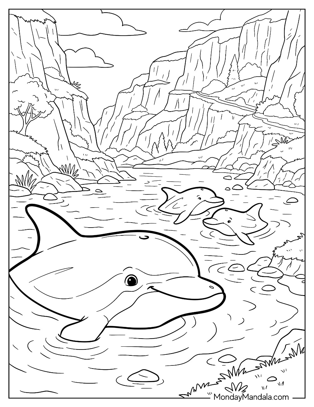 Dolphin Family Swimming in a Mountain River Canyon Coloring Page