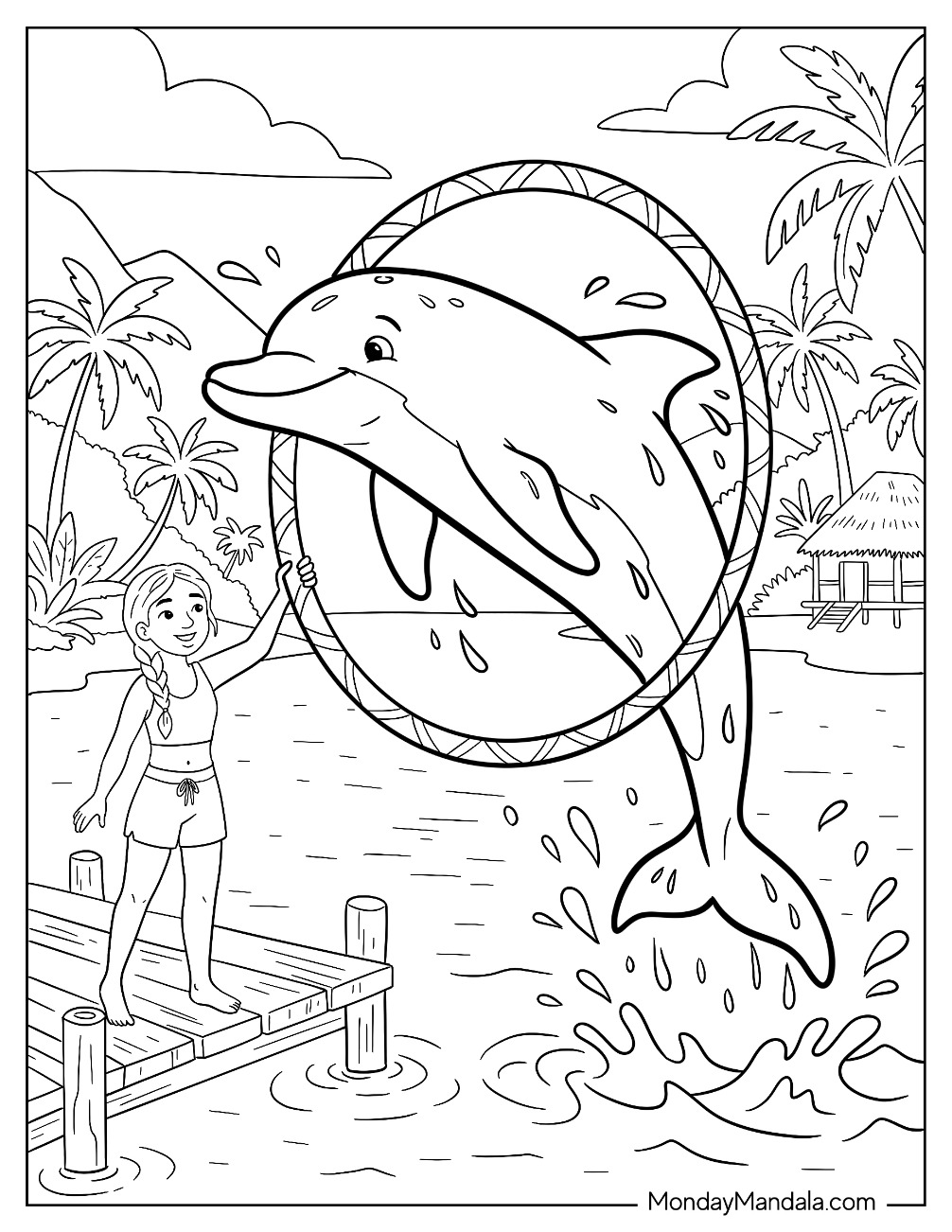 Dolphin Jumping Through a Hoop Coloring Sheet