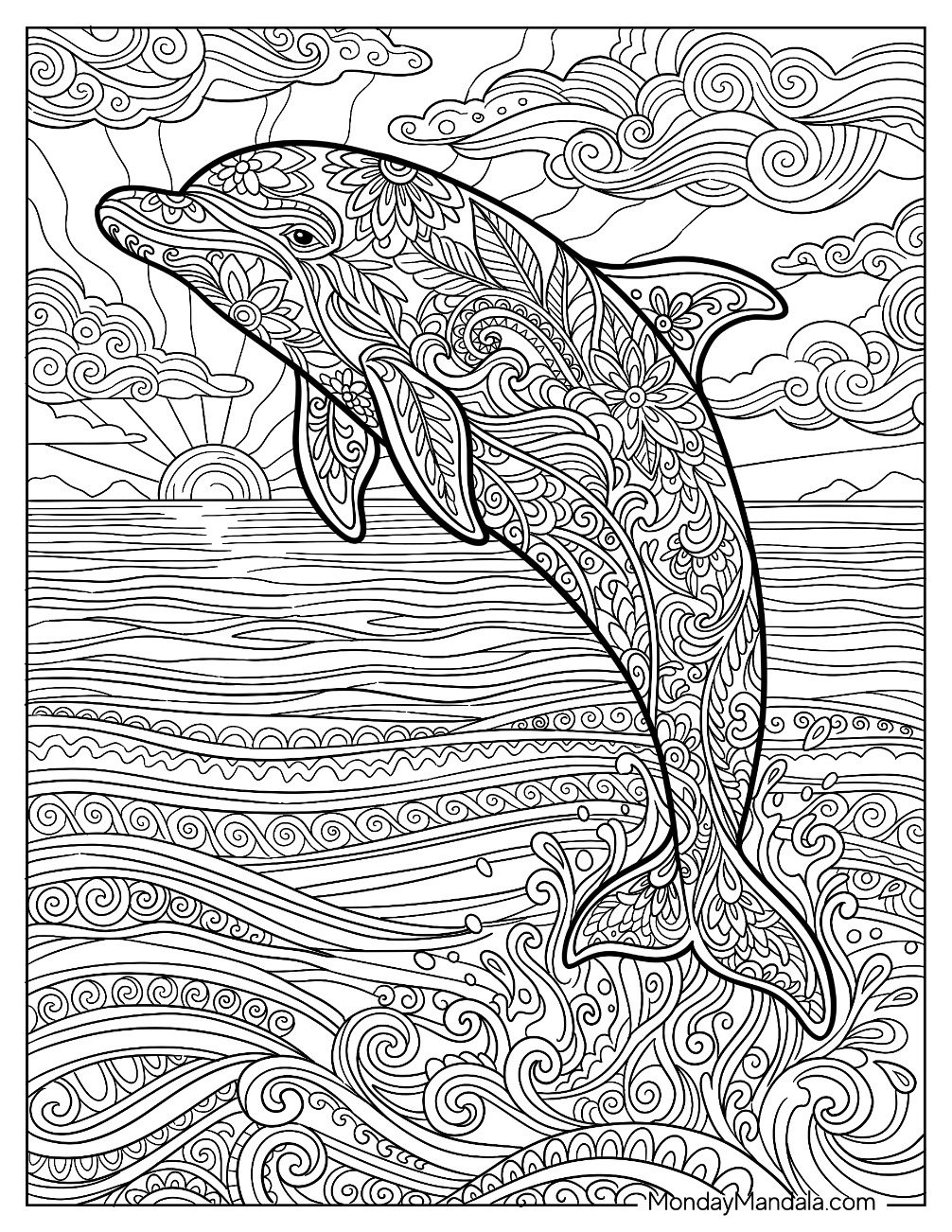 Dolphin Leaping Through Ocean Waves with Floral and Mandala Patterns