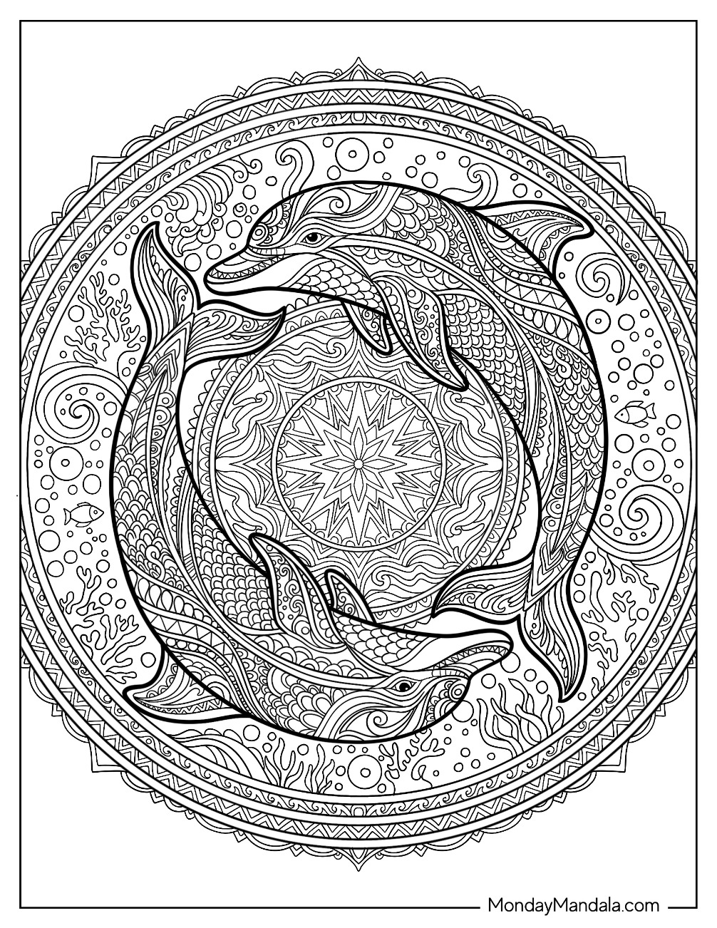 Dolphin Mandala with Coral, Ocean Patterns, and Geometric Details