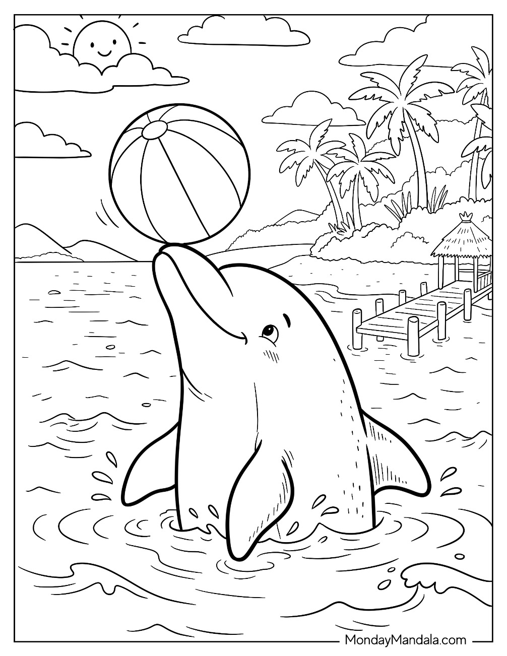 Dolphin Playing with a Beach Ball Coloring Page for Kids