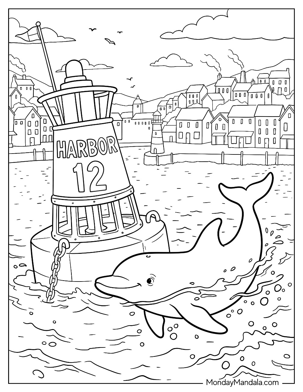 Dolphin Swimming Beside a Harbor Buoy