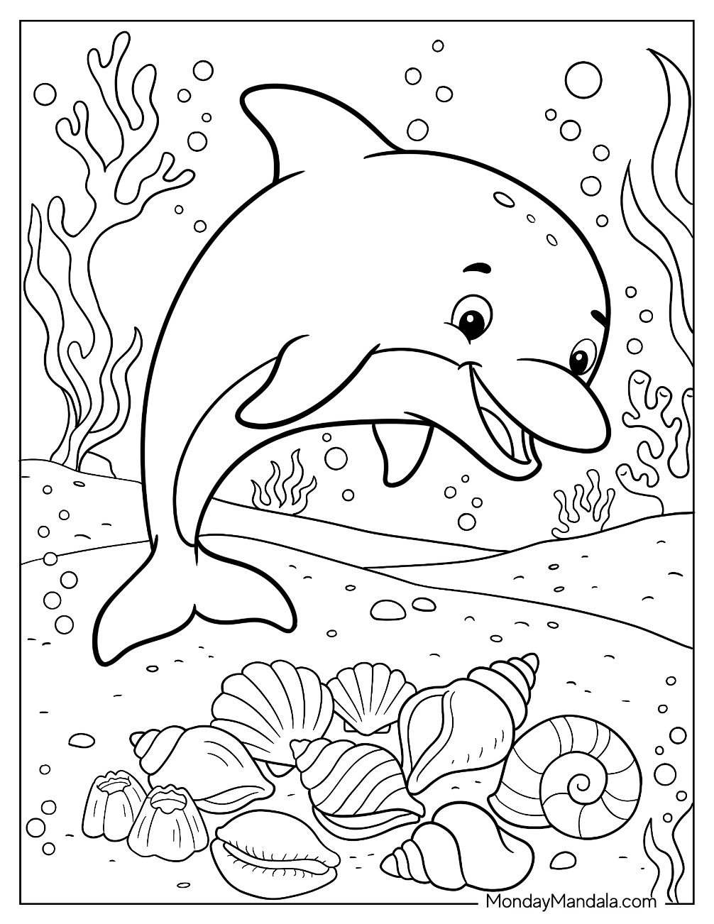Dolphin Swimming Over Seashells and Coral Reef Coloring Sheet