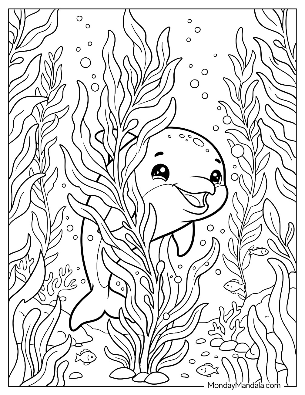 Dolphin Swimming Through a Kelp Forest with Small Fish and Coral Coloring Page