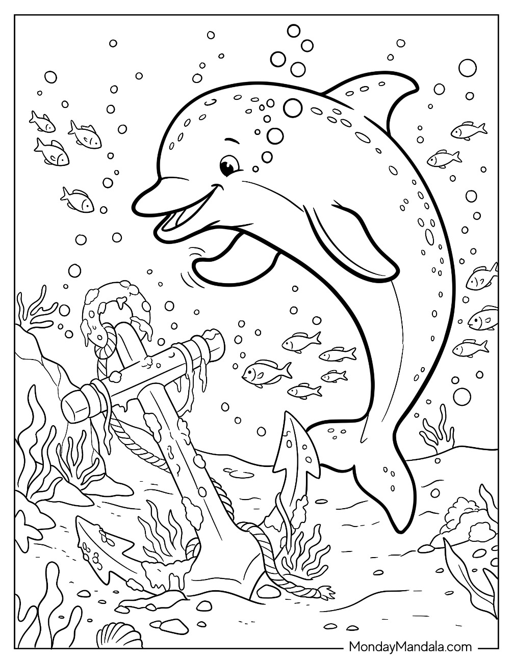 Dolphin Swimming Through a Sunken Shipwreck Coloring Page