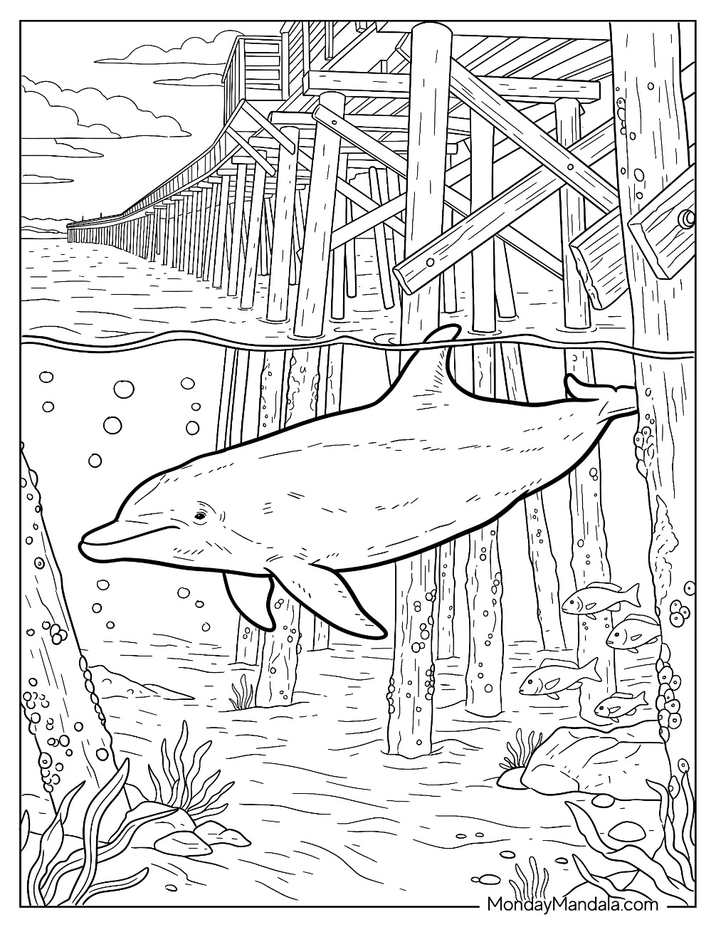 Dolphin Swimming Under a Wooden Pier Coloring Sheet