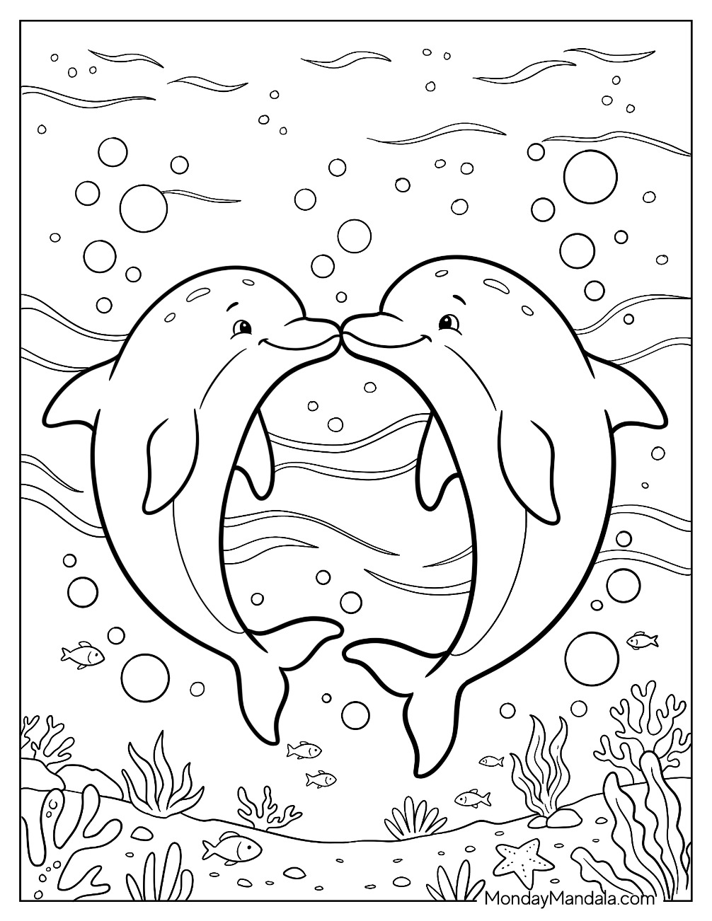 Dolphins Kissing Underwater with Coral Reef, Bubbles, and Tropical Fish