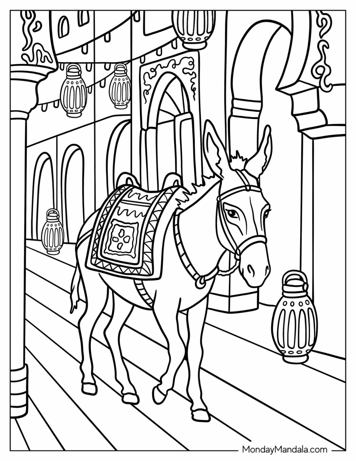 Donkey Coloring Page with Saddle Walking on Street with Hanging Lanterns