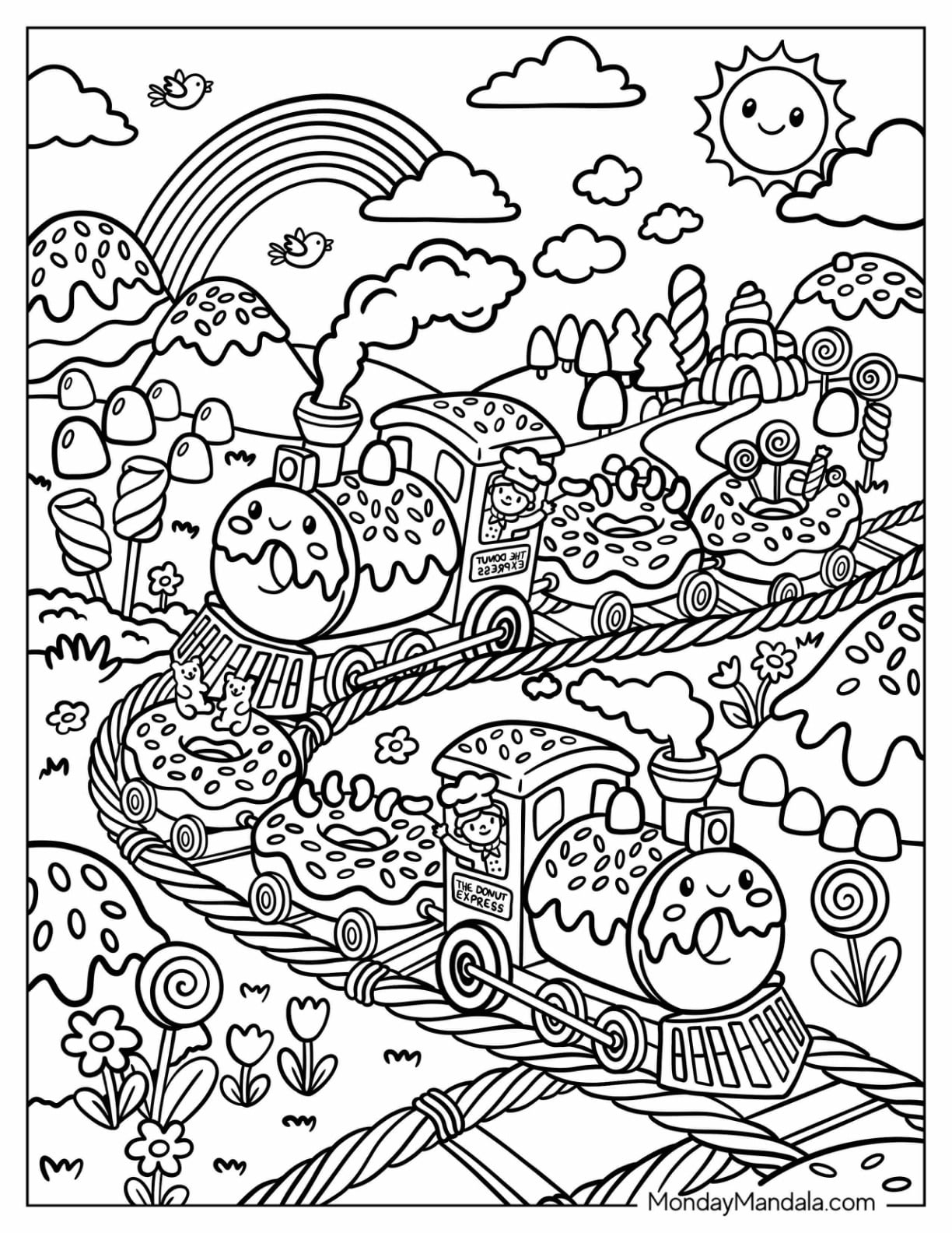 Donut Trains Traveling Through Candyland Coloring Page