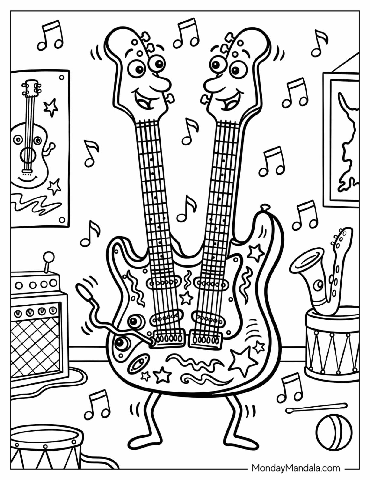 Double Neck Guitar Coloring Page with Music Notes