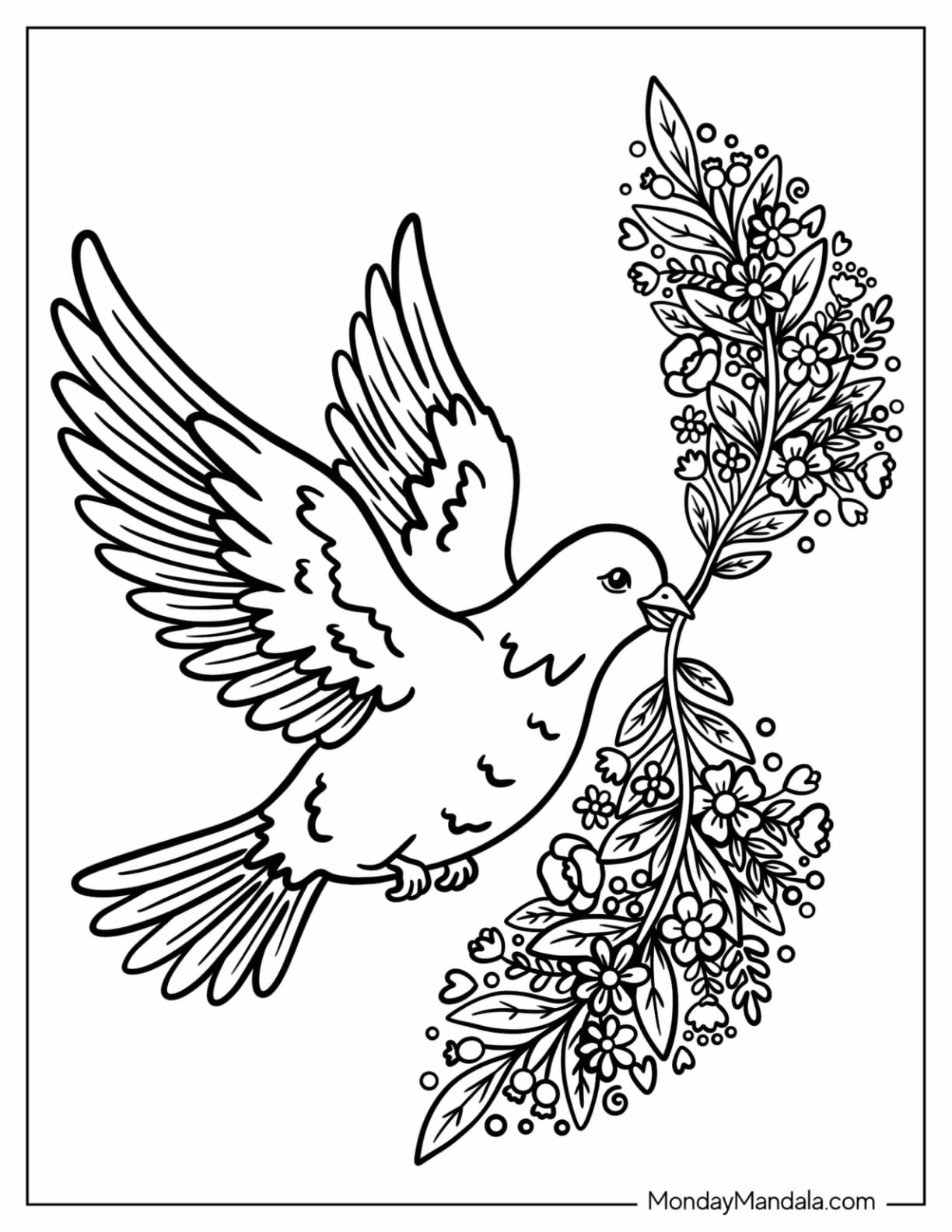 Dove Carrying a Flowering Olive Branch Coloring Sheet