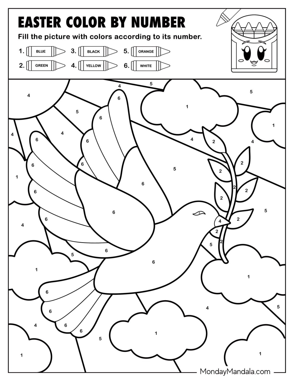 Dove with Olive Branch Easter Color by Number