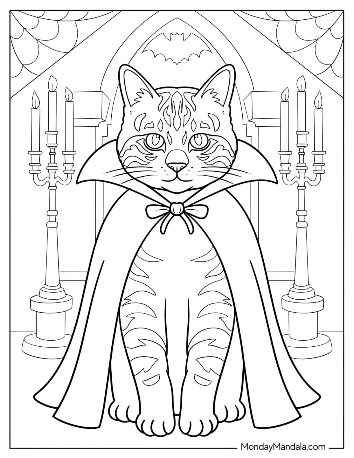 Dracula Halloween Cat Coloring Page inside a Cathedral for Kids
