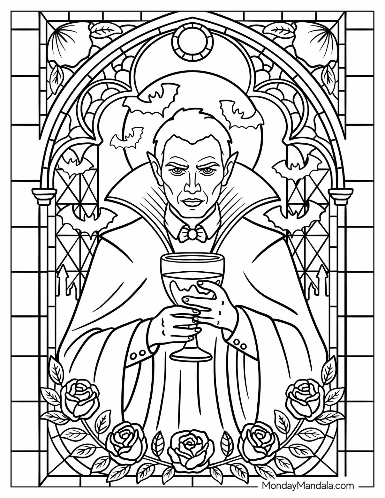 Dracula Holding a Goblet in a Stained Glass with Roses and Bats Halloween Coloring Page for Adults