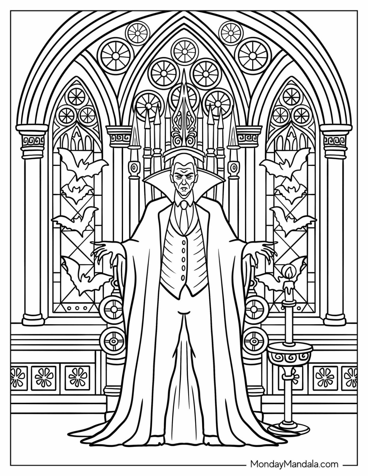 Horror Coloring Page of Dracula in His Gothic Throne Room
