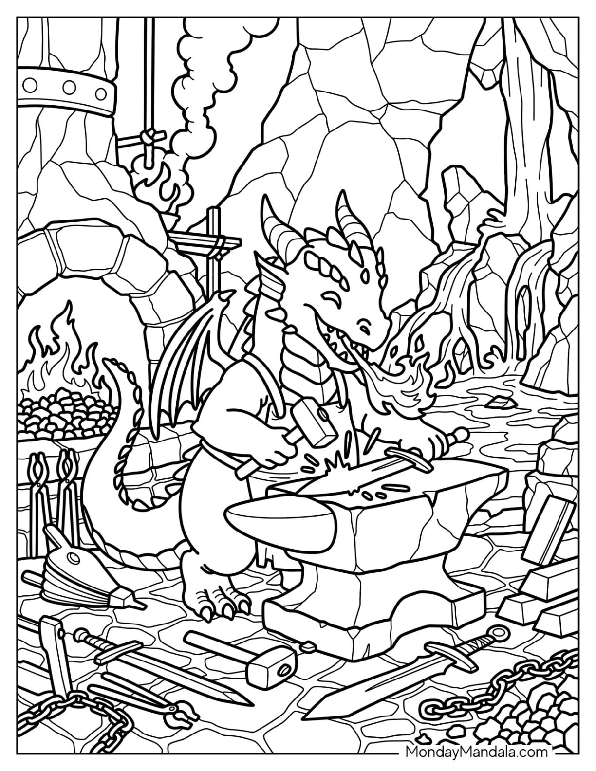 Dragon Blacksmith Forging Weapons in a Mountain Workshop for Fantasy Coloring Page