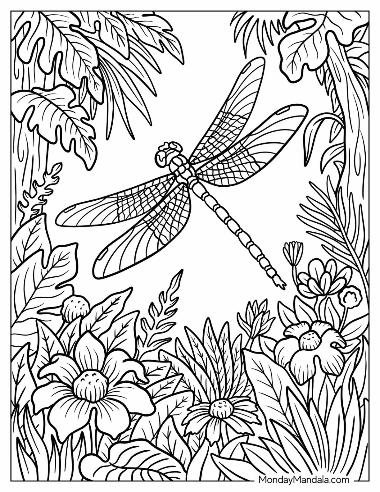 Dragonfly Coloring Page Hovering over Flowers in Forest