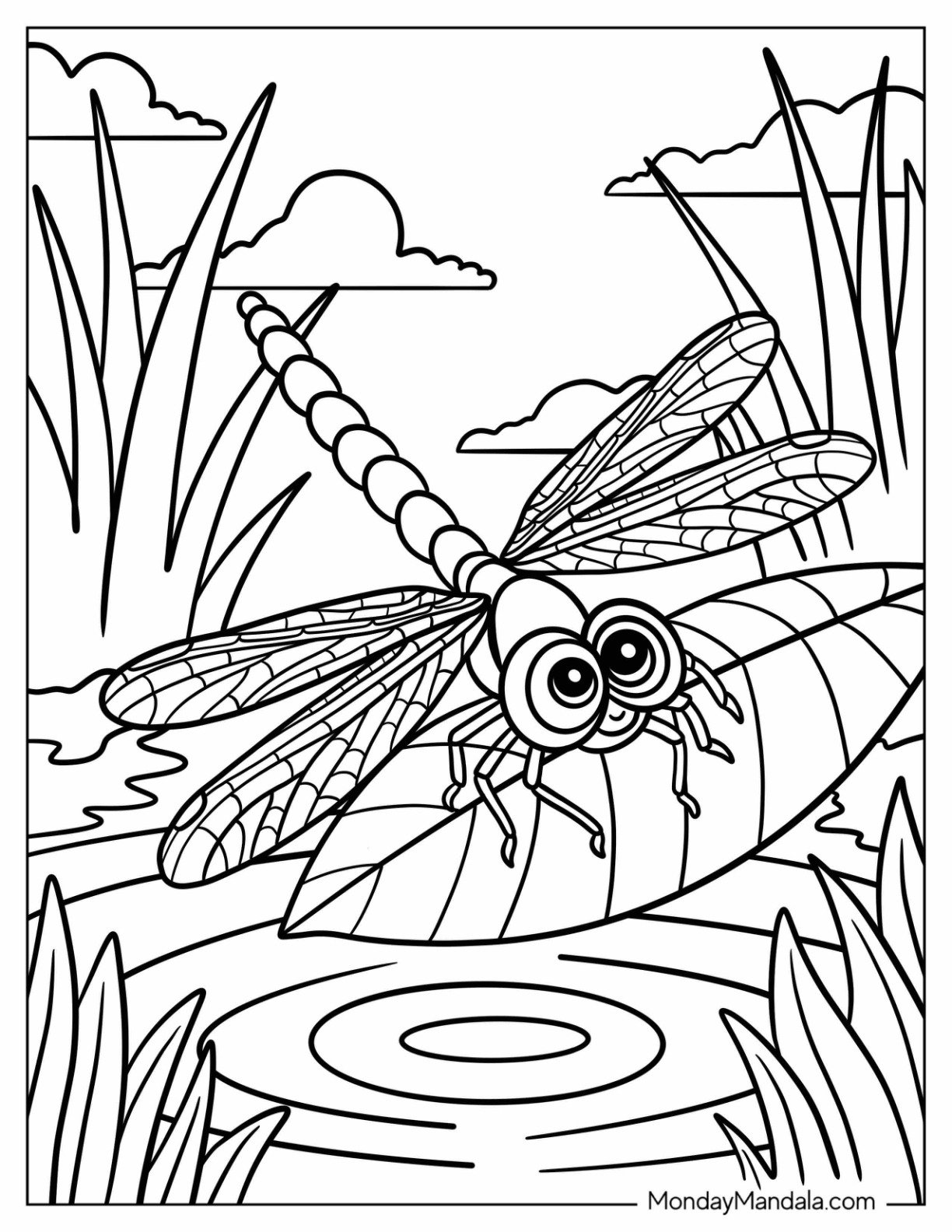 Dragonfly Coloring Page Perched on Leaf over the Water