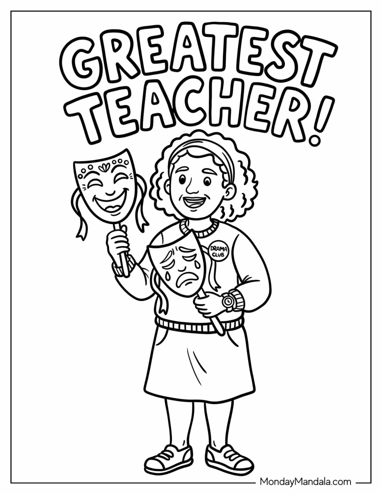 Drama Teacher Coloring Page Holding Masks