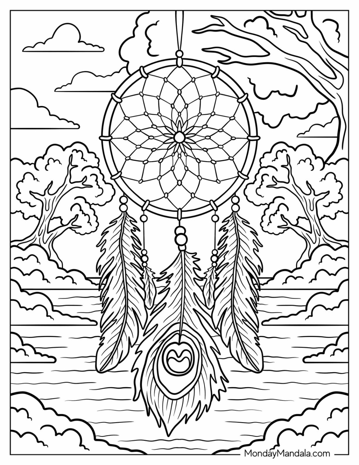 Dreamcatcher With Peacock Coloring Page Feathers Over River Landscape