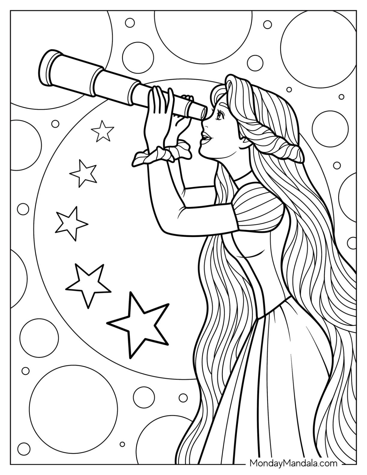 Dreamy Princess Coloring Page with Long Flowing Hair Stargazing