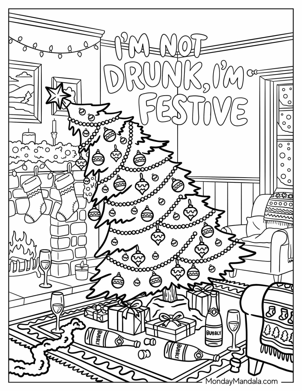 Drunk Christmas Tree in a Living Room Coloring Sheet for Adults