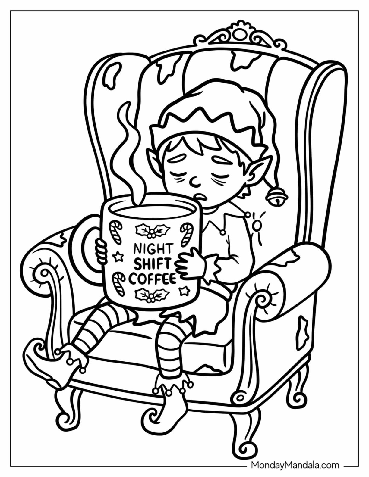 Drunk Elf Holding a Large Mug of Coffee in an Armchair Christmas for Adults Coloring Sheet