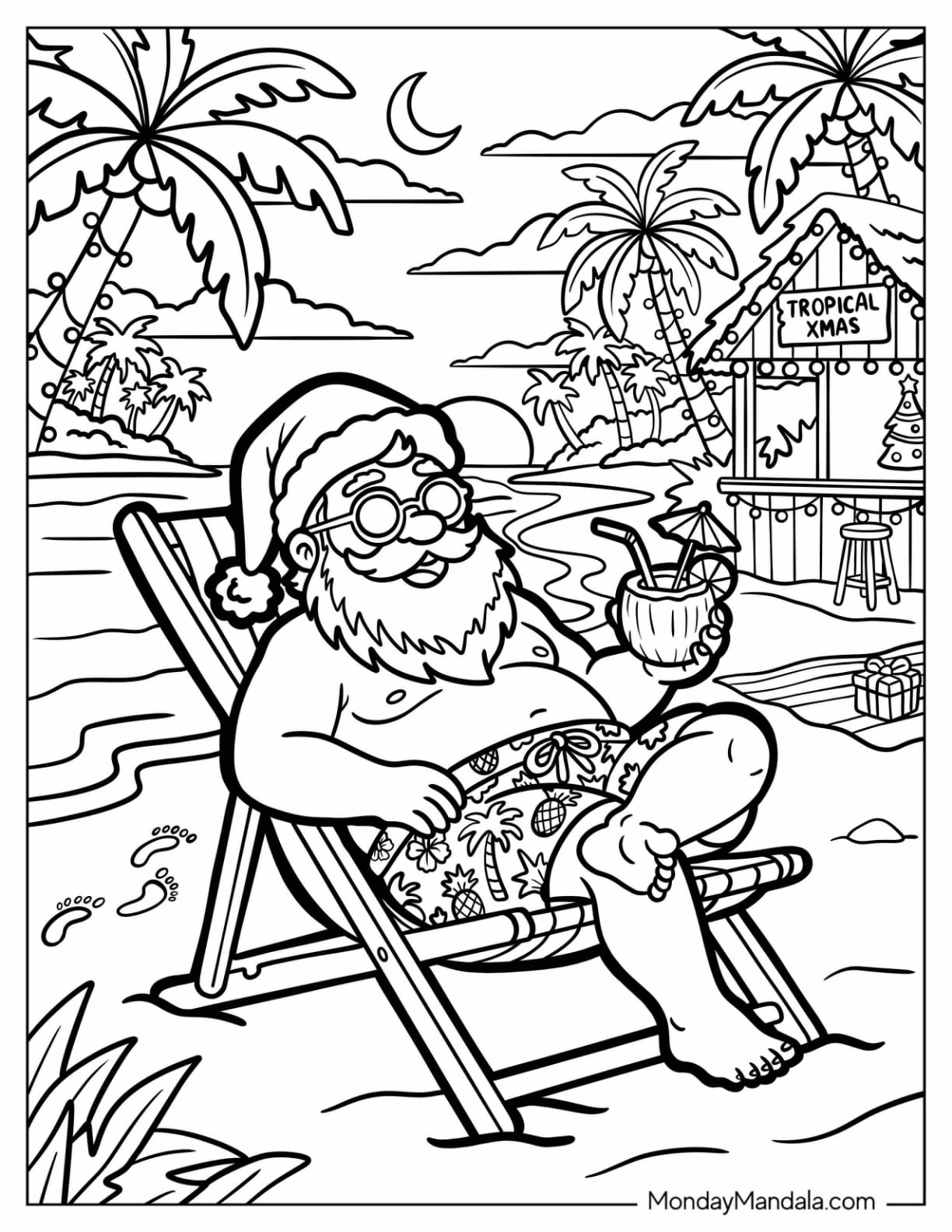 Drunk Santa Sunbathing at the Beach Christmas Coloring Page for Adults