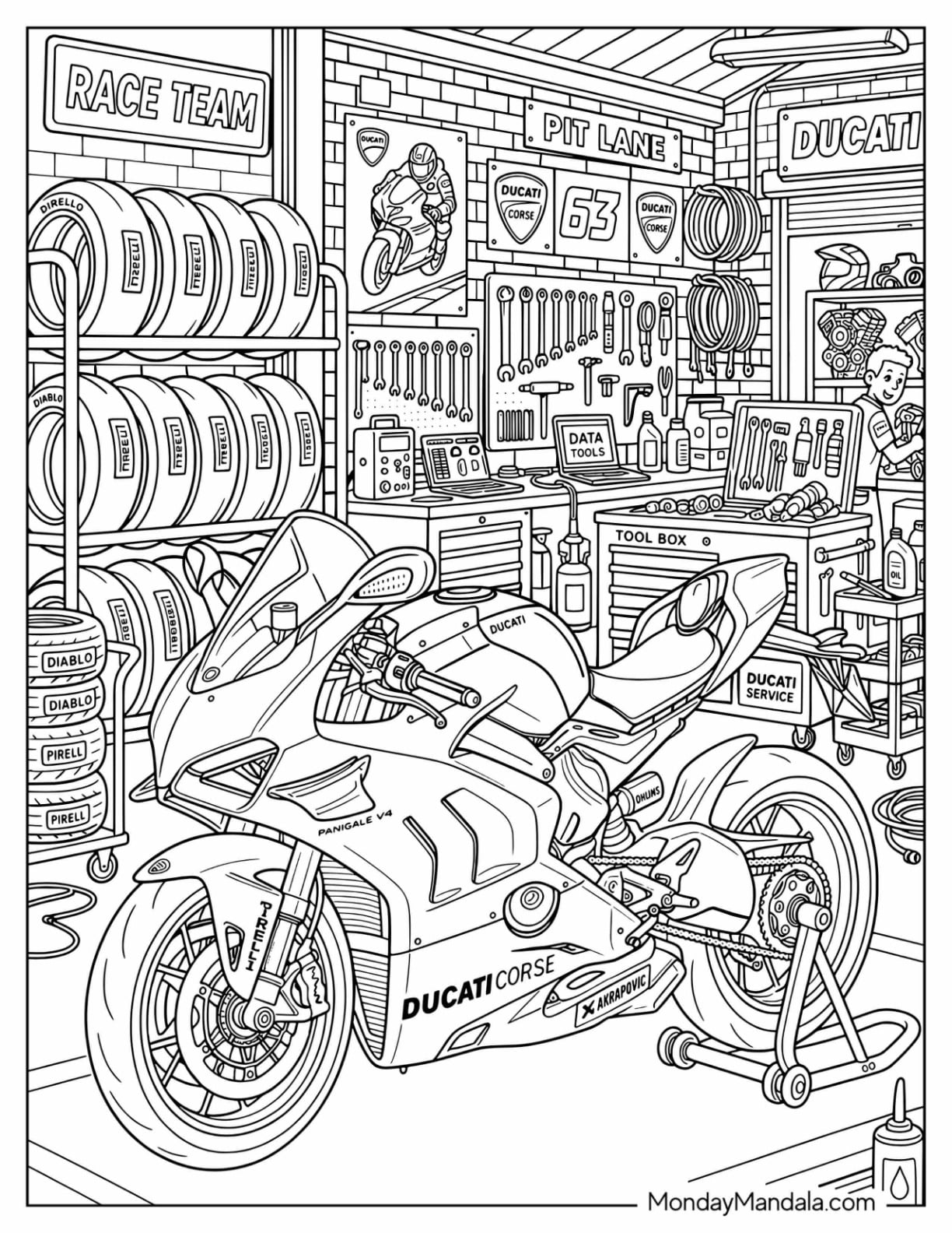 Ducati Racing Motorcycle in a Professional Workshop Coloring Page