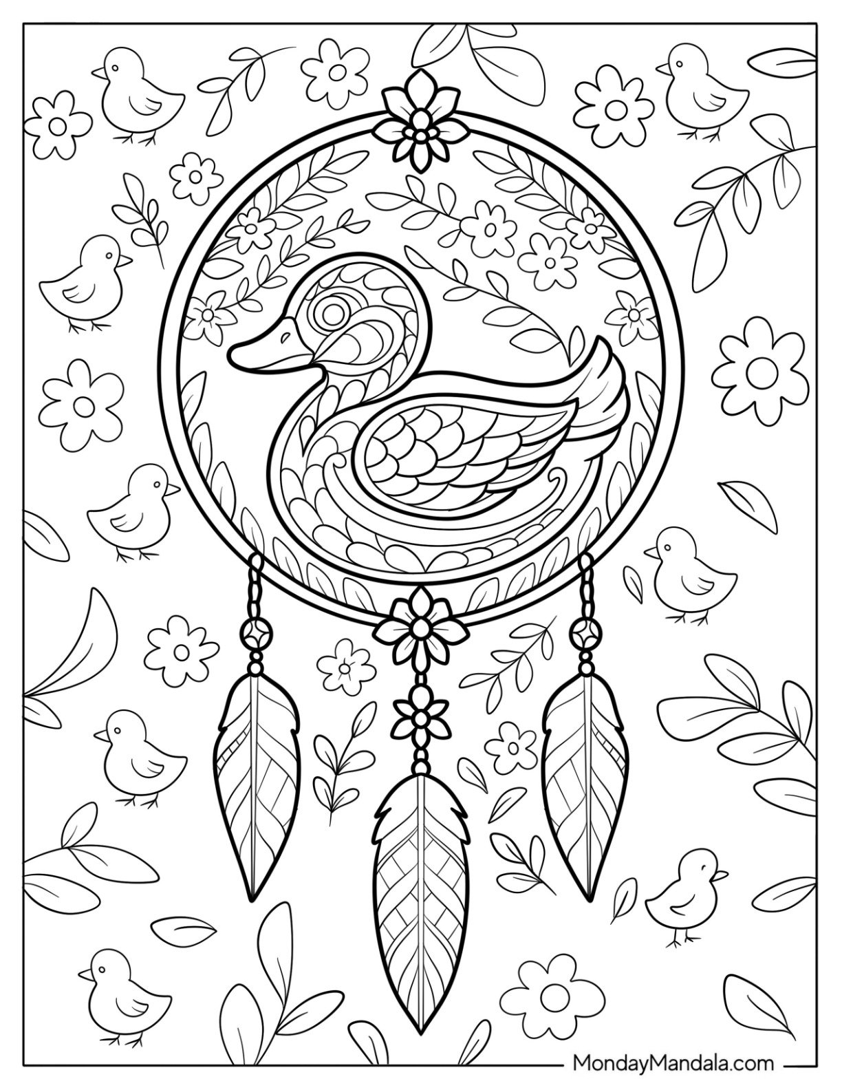 Duck Dreamcatcher with Feathers and Flowers Coloring Sheet