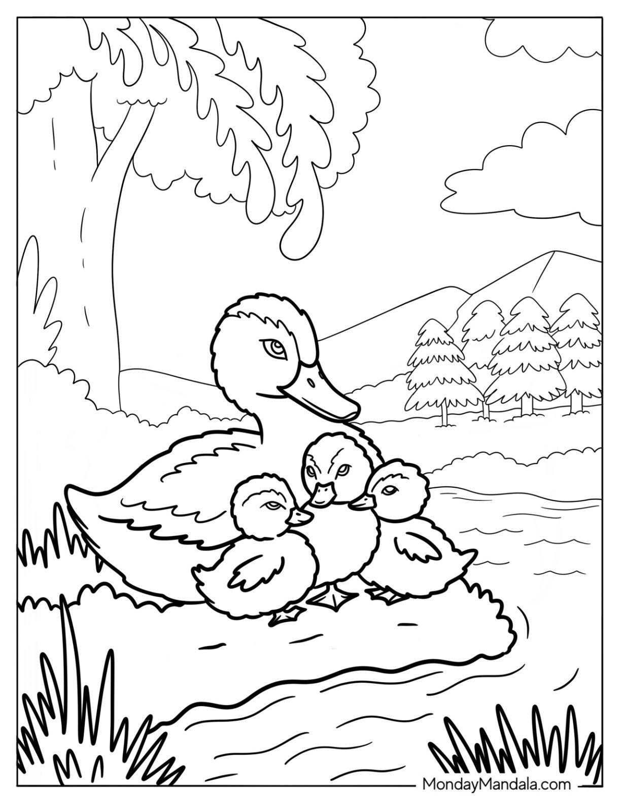 Duck Family Resting Near the Water Coloring Sheet