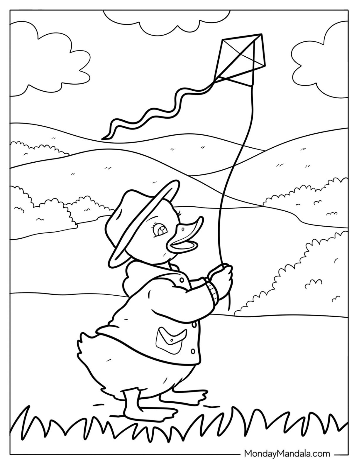 Duck Flying a Kite in the Countryside Coloring Page