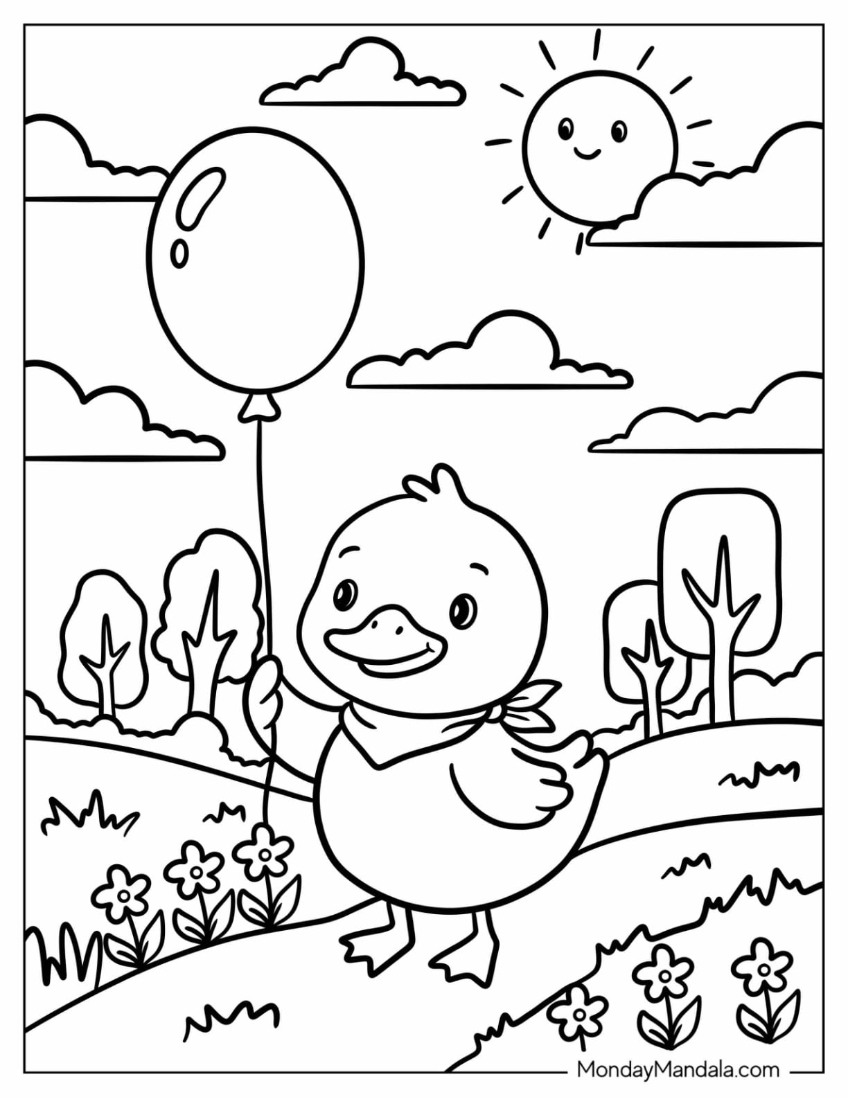 Duck Holding a Balloon in a Sunny Park Coloring Sheet