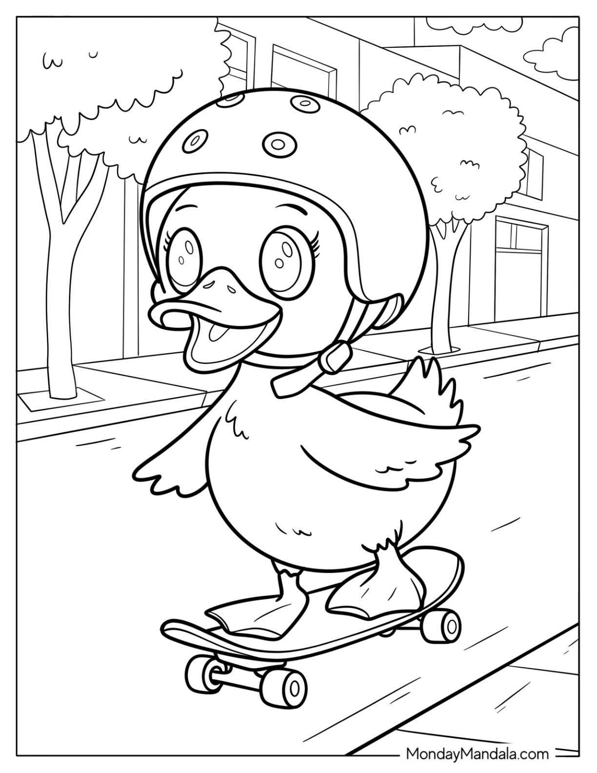 Duck Skateboarding Down the Street Coloring Page For Kids