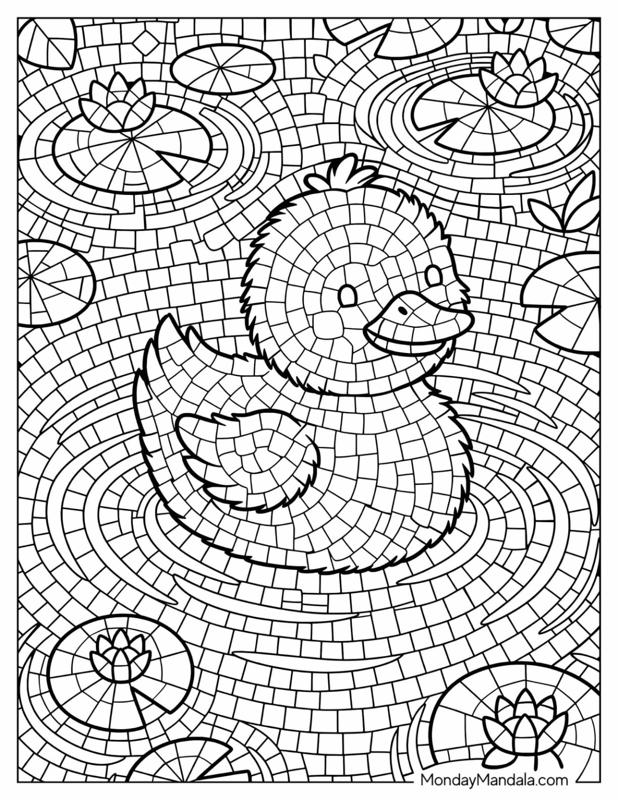 Duck Swimming Among Lily Pads Mosaic Coloring Page