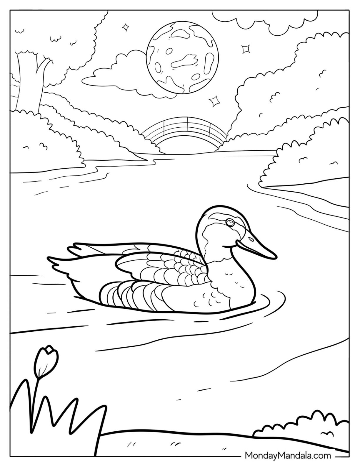 Duck Swimming Under the Moon Coloring Sheet