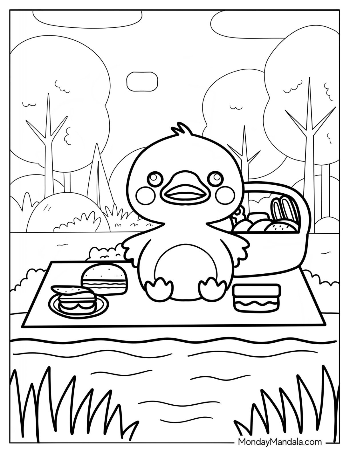 Duckling with Picnic Basket and Food Coloring Sheet For Preschoolers