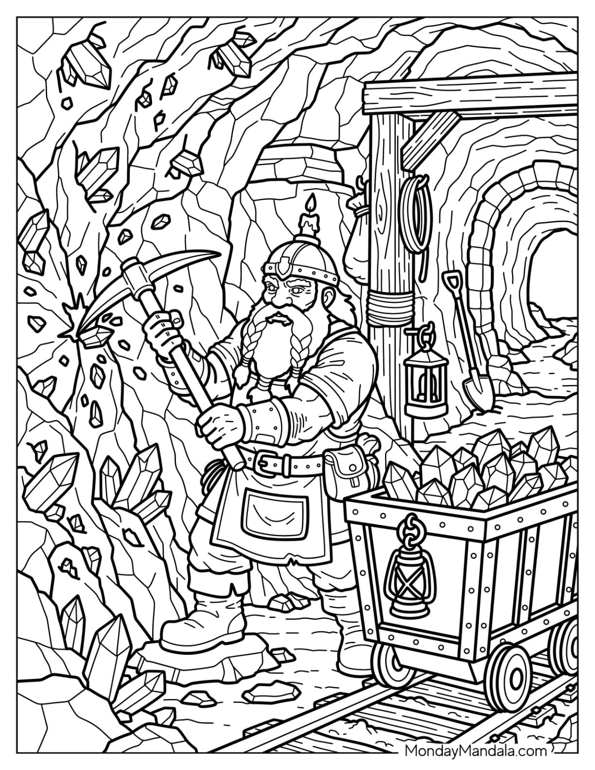 Dwarf Miner with Pickaxe in an Underground Mine for Fantasy Coloring Page
