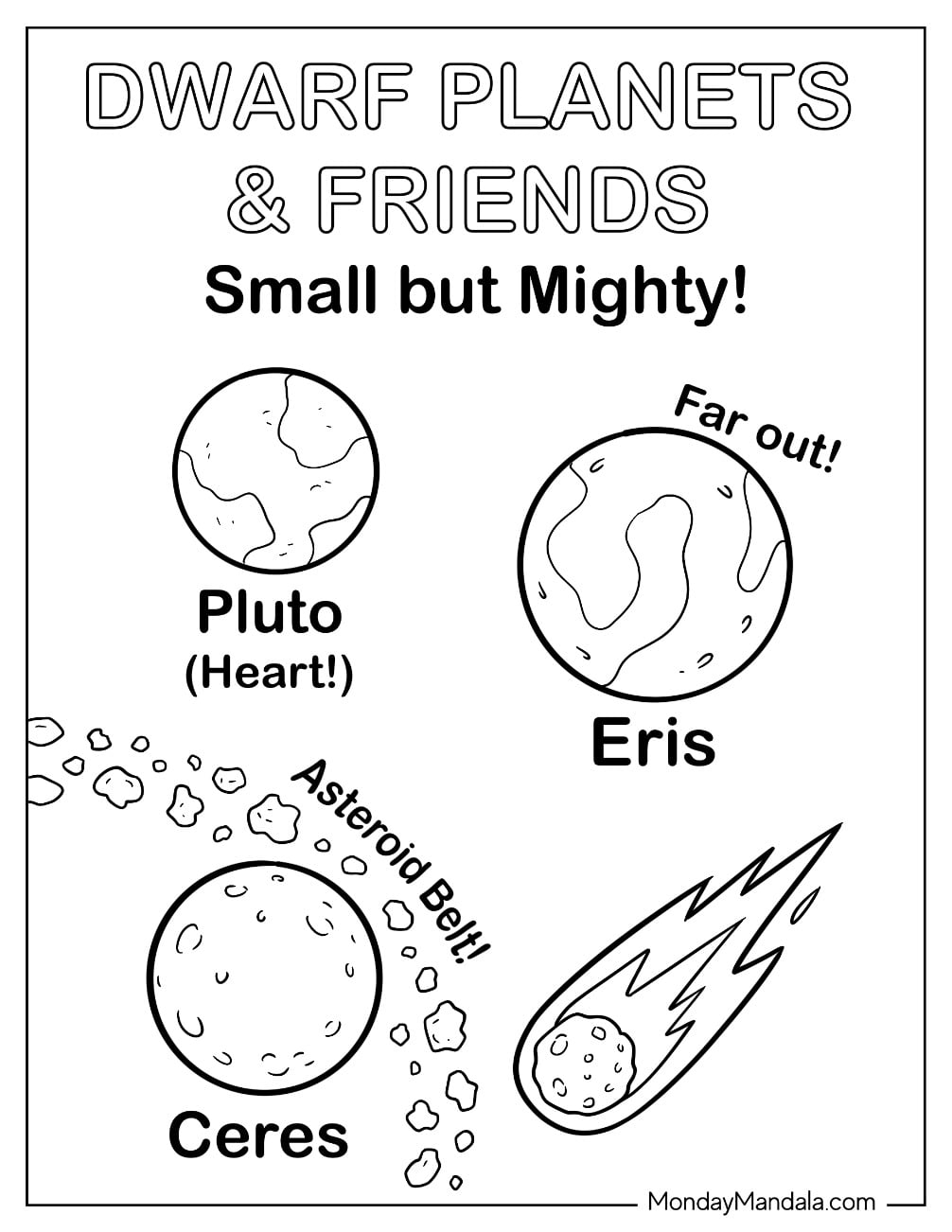 Solar System Coloring Page of Dwarf Planets Pluto, Eris, and Ceres Space Facts