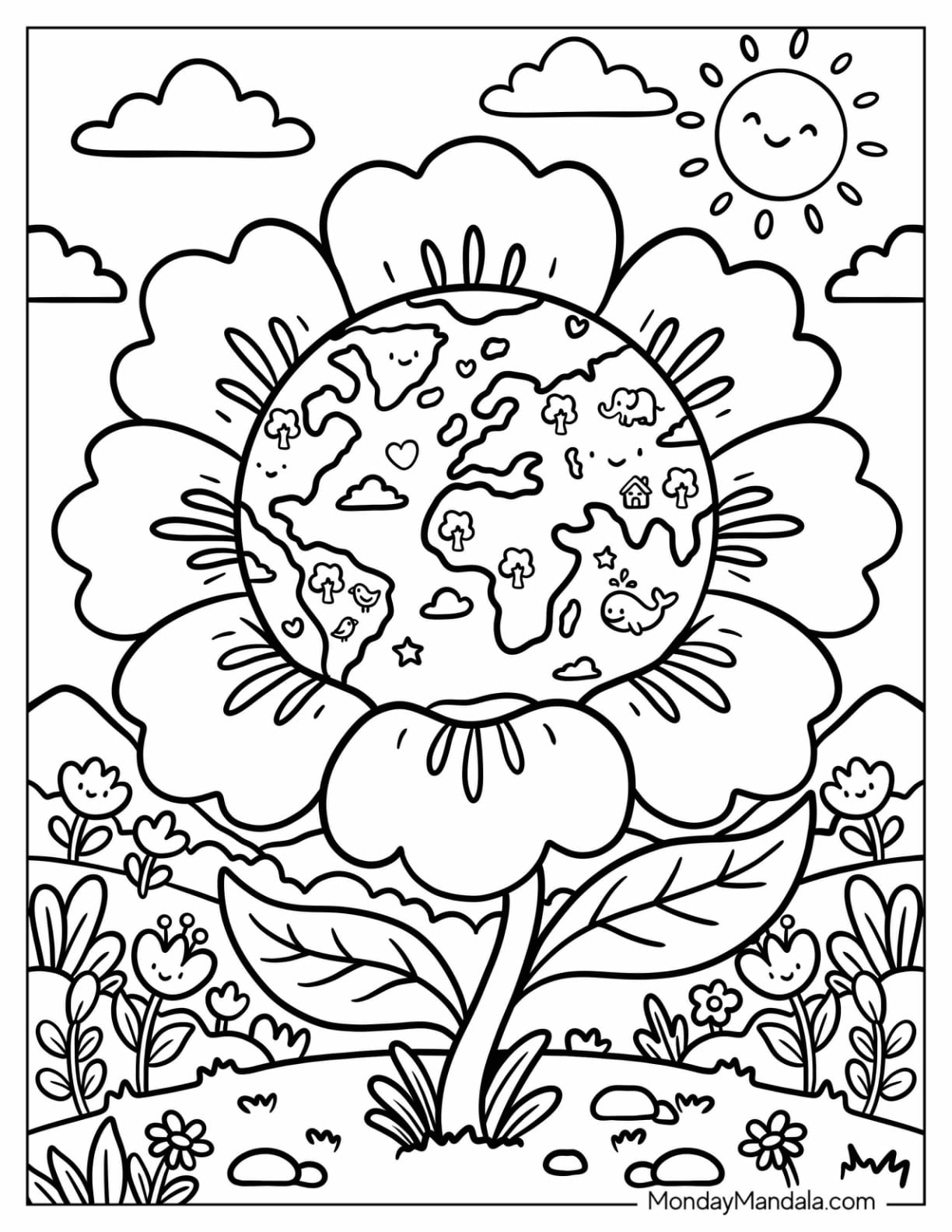Earth Blooming Inside a Giant Flower Coloring Page