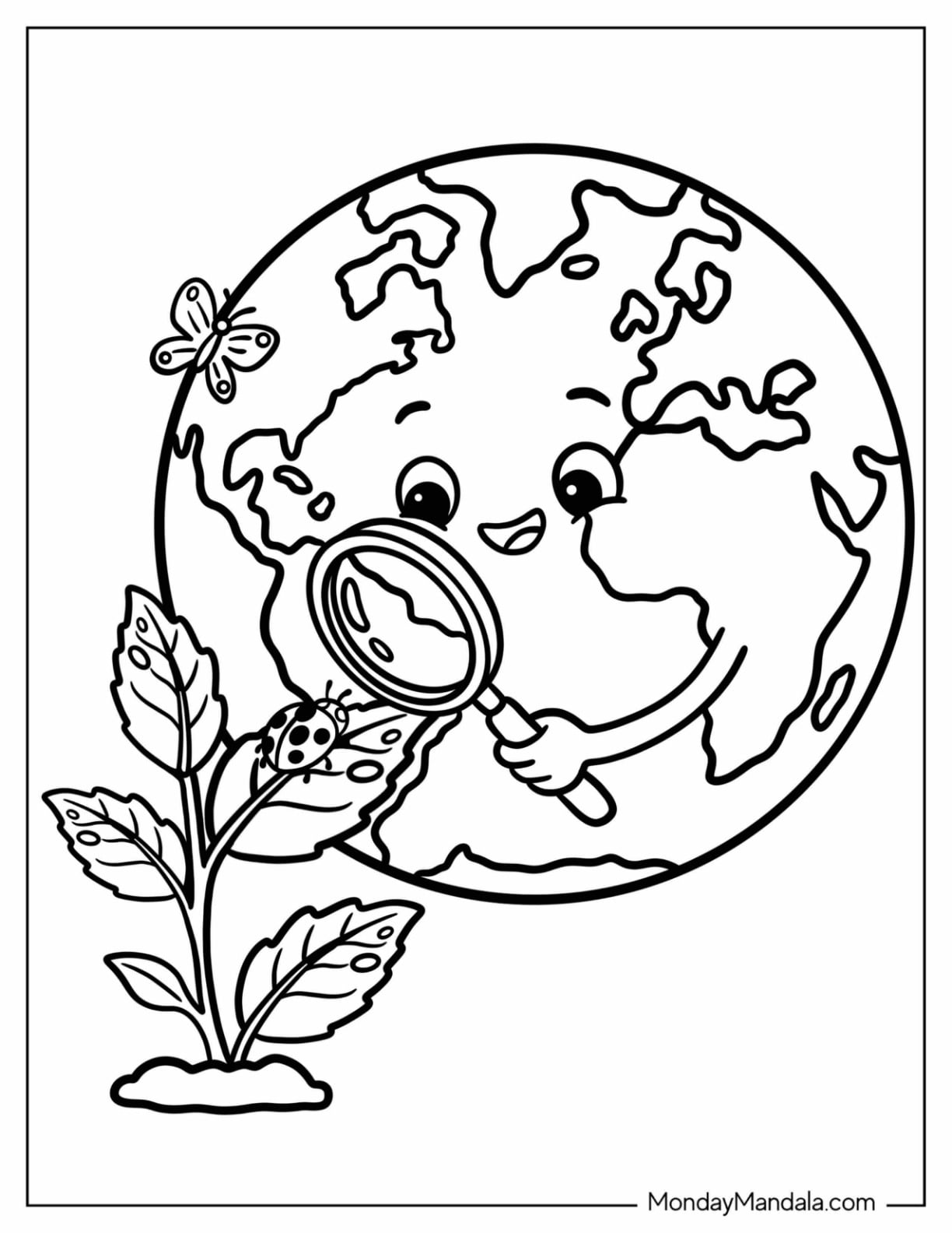 Earth Examining a Ladybug with a Magnifying Glass Coloring Page for Kids