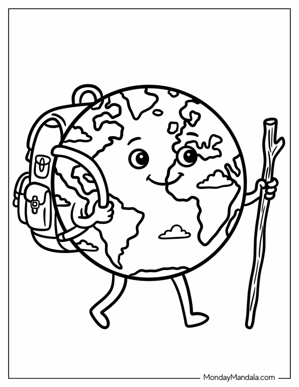 Earth Hiking with a Backpack and Walking Stick Coloring Page for Kids