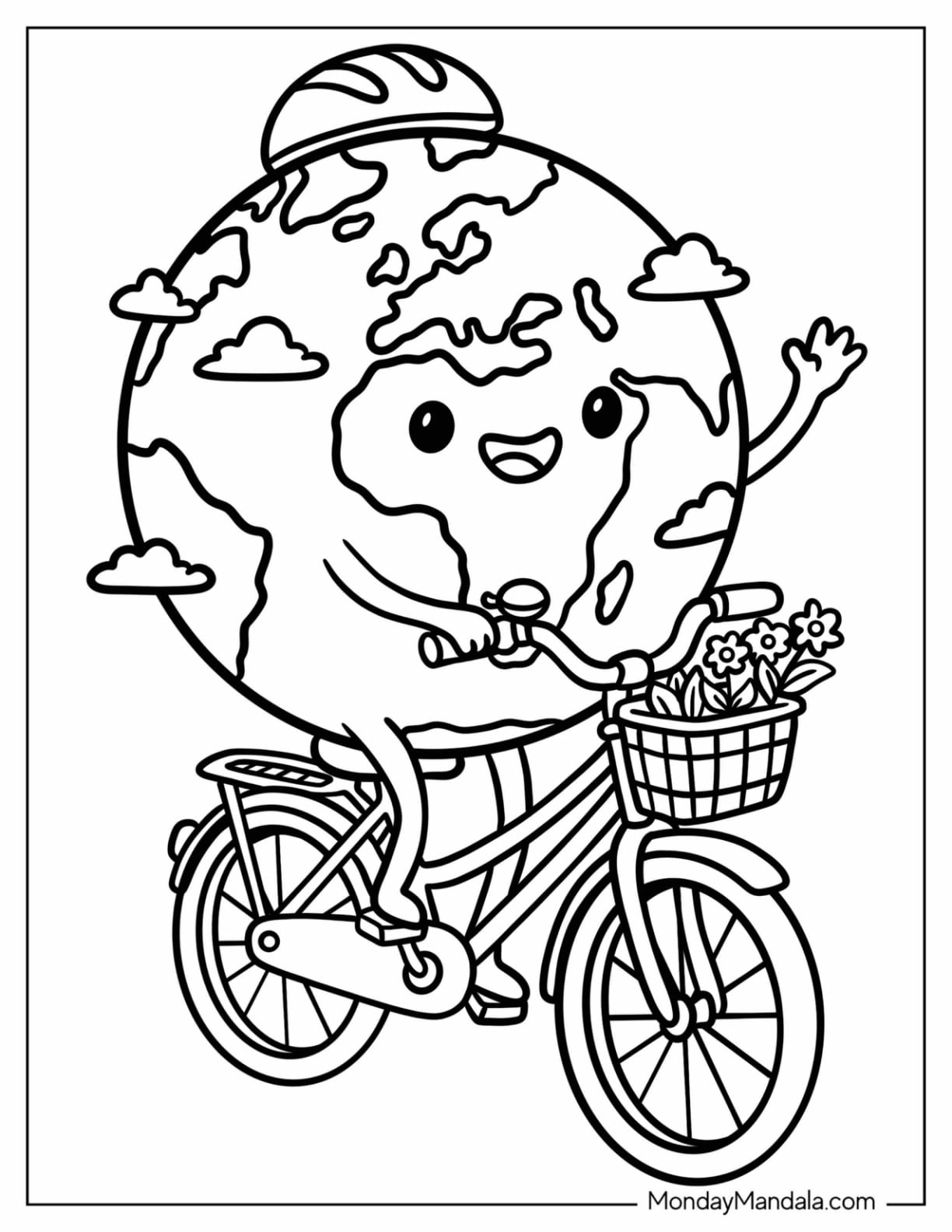 Earth Riding a Bicycle with a Basket of Flowers Coloring Page for Kids