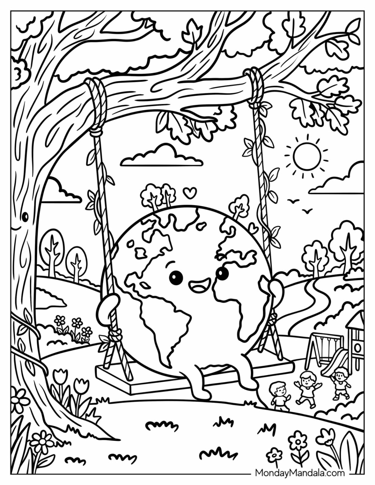 Earth Riding a Tree Swing in a Sunny Park Coloring Sheet