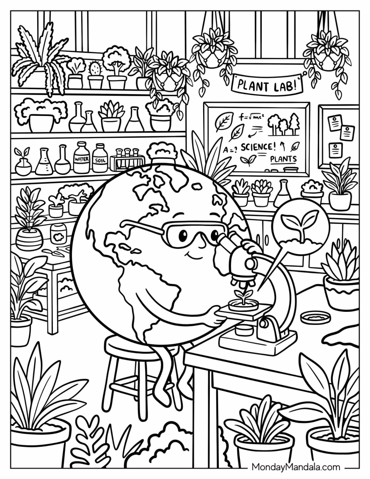 Earth Scientist Examining a Plant Under a Microscope Coloring Page
