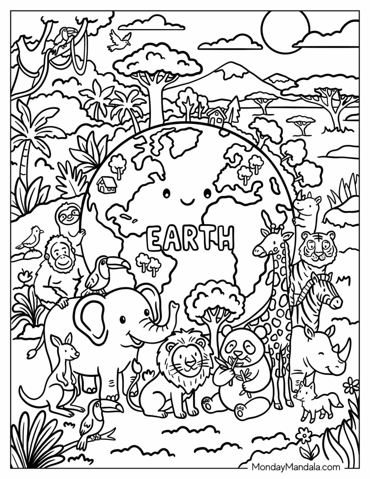 Earth Surrounded by Wild Animals in a Tropical Habitat Coloring Page